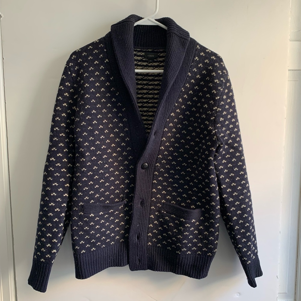 J. Crew Men's Dark Blue Patterned Shawl Collared Cardigan